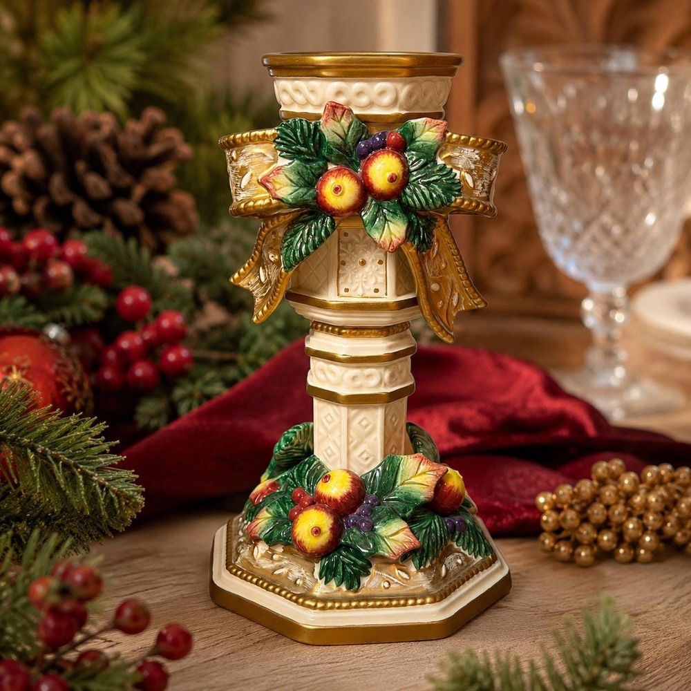 Vintage Fitz & Floyd Classics Christmas Taper Candle Holder Holly Fruit Gold 10"